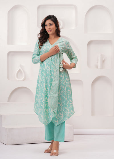 Sea Green Pure Mul Cotton Wrap Around Style Kurti with Cotton Pant
