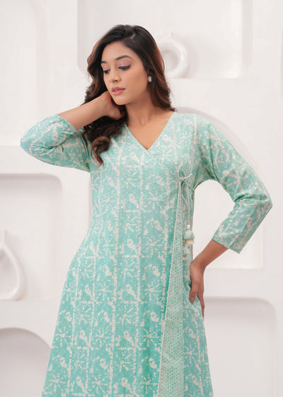 Sea Green Pure Mul Cotton Wrap Around Style Kurti with Cotton Pant