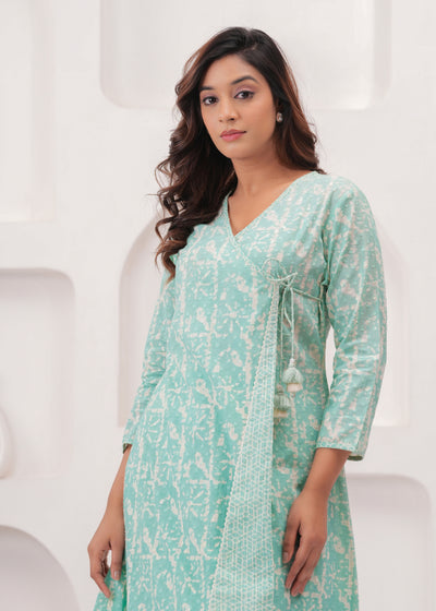Sea Green Pure Mul Cotton Wrap Around Style Kurti with Cotton Pant