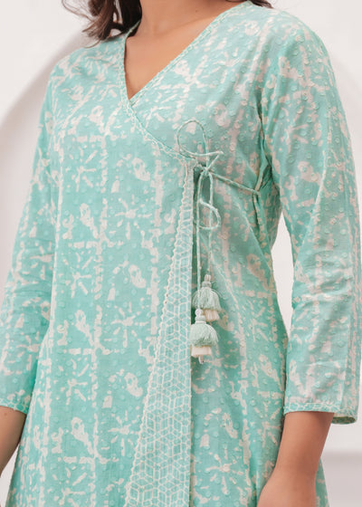 Sea Green Pure Mul Cotton Wrap Around Style Kurti with Cotton Pant