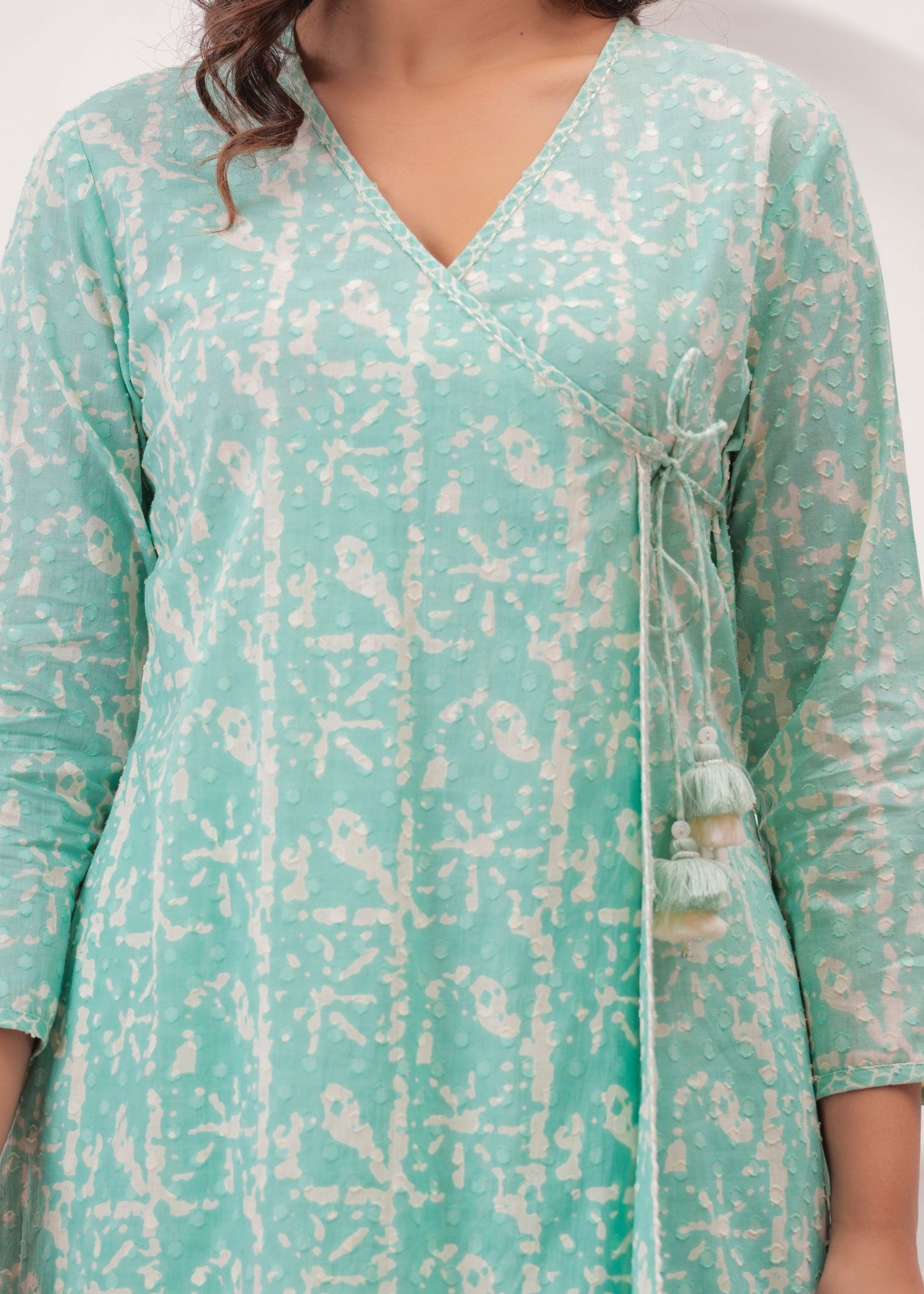 Sea Green Pure Mul Cotton Wrap Around Style Kurti with Cotton Pant