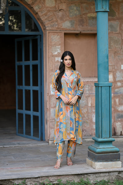 Pure Crepe Yellow and Blue Panel Print Blazer Pattern Kurta Set