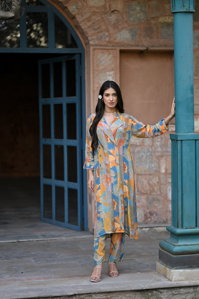 Pure Crepe Yellow and Blue Panel Print Blazer Pattern Kurta Set