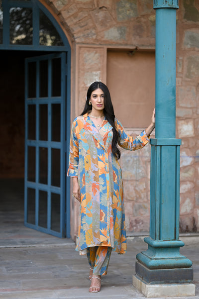 Pure Crepe Yellow and Blue Panel Print Blazer Pattern Kurta Set