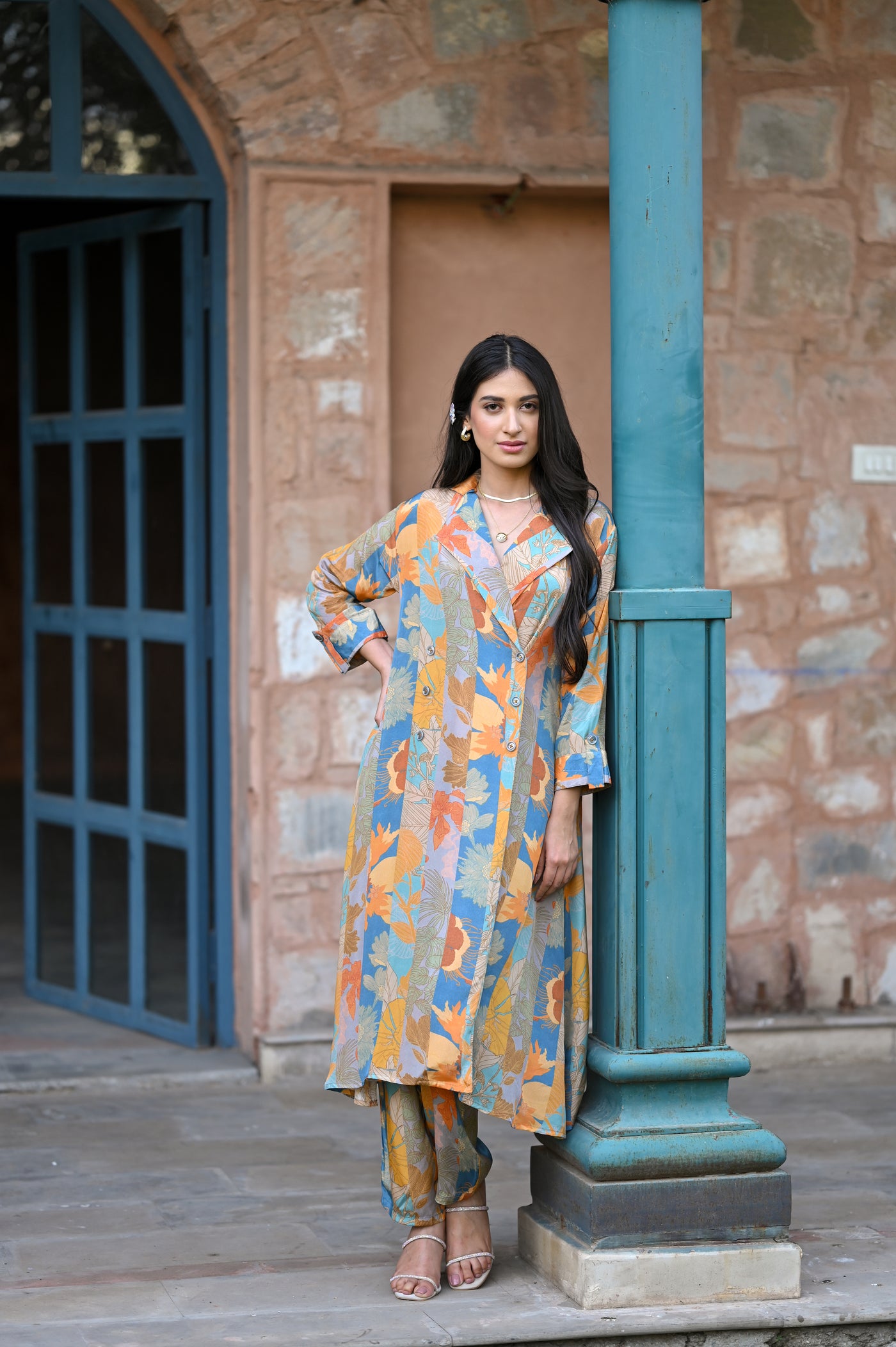 Pure Crepe Yellow and Blue Panel Print Blazer Pattern Kurta Set