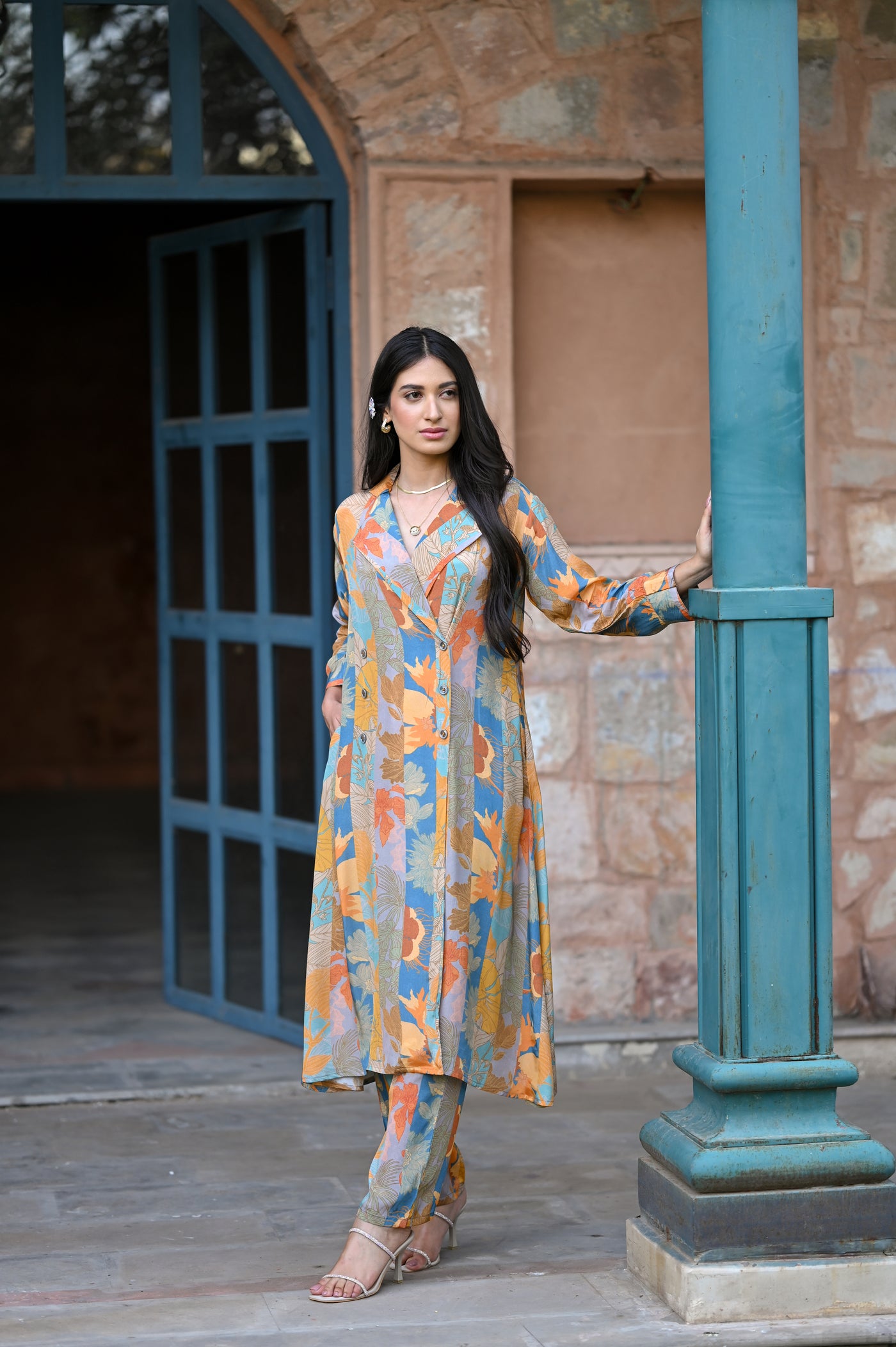 Pure Crepe Yellow and Blue Panel Print Blazer Pattern Kurta Set