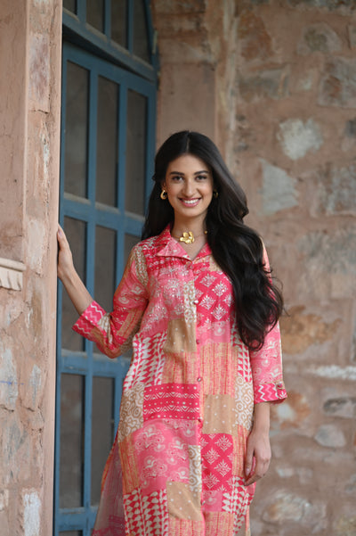 Delicate Peach and Pink Patch Print Muslin Kurta Set with Spread Work