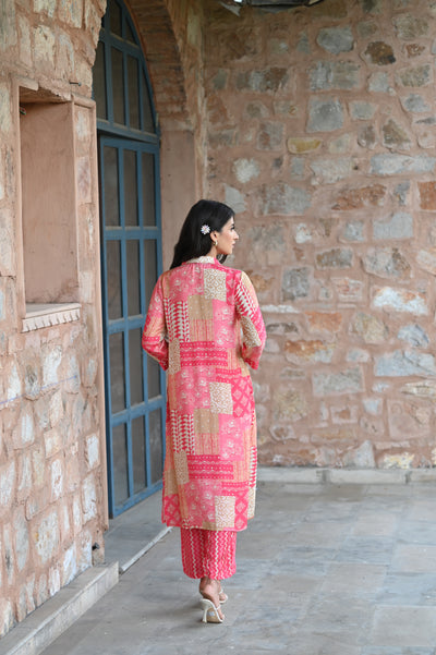 Delicate Peach and Pink Patch Print Muslin Kurta Set with Spread Work