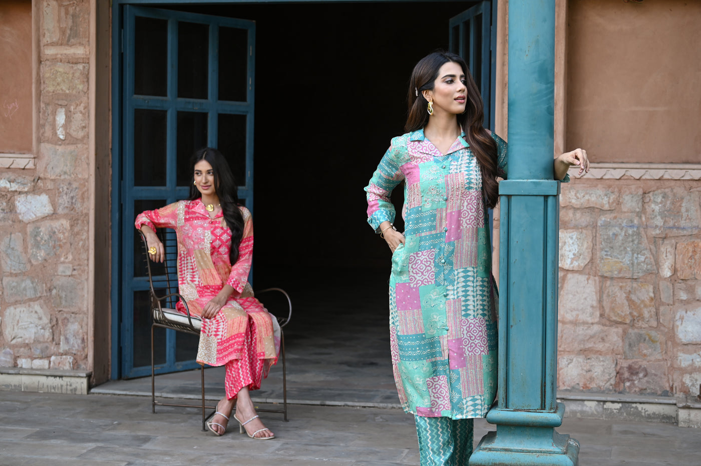 Delicate Peach and Pink Patch Print Muslin Kurta Set with Spread Work