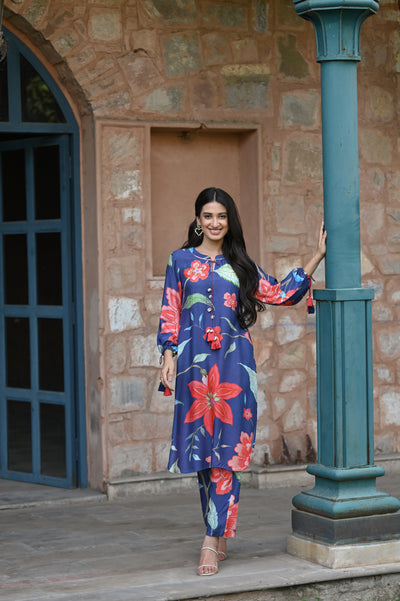 Blue and Red Muslin Fiore Kurta Set