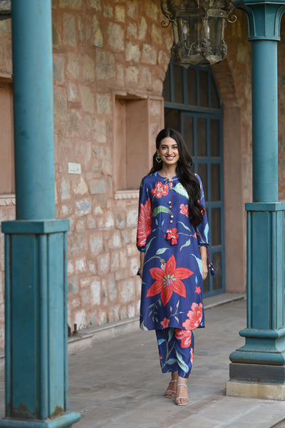 Blue and Red Muslin Fiore Kurta Set