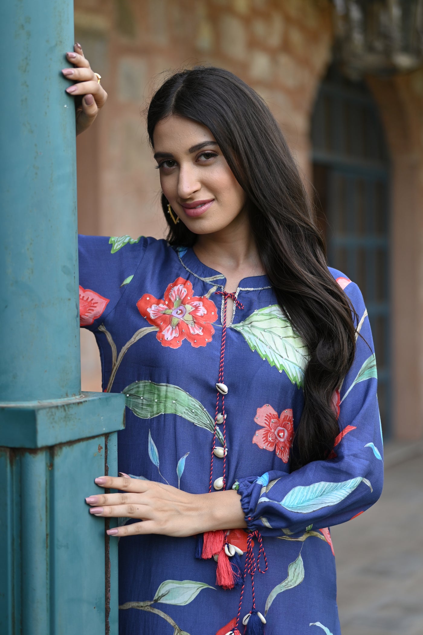 Blue and Red Muslin Fiore Kurta Set