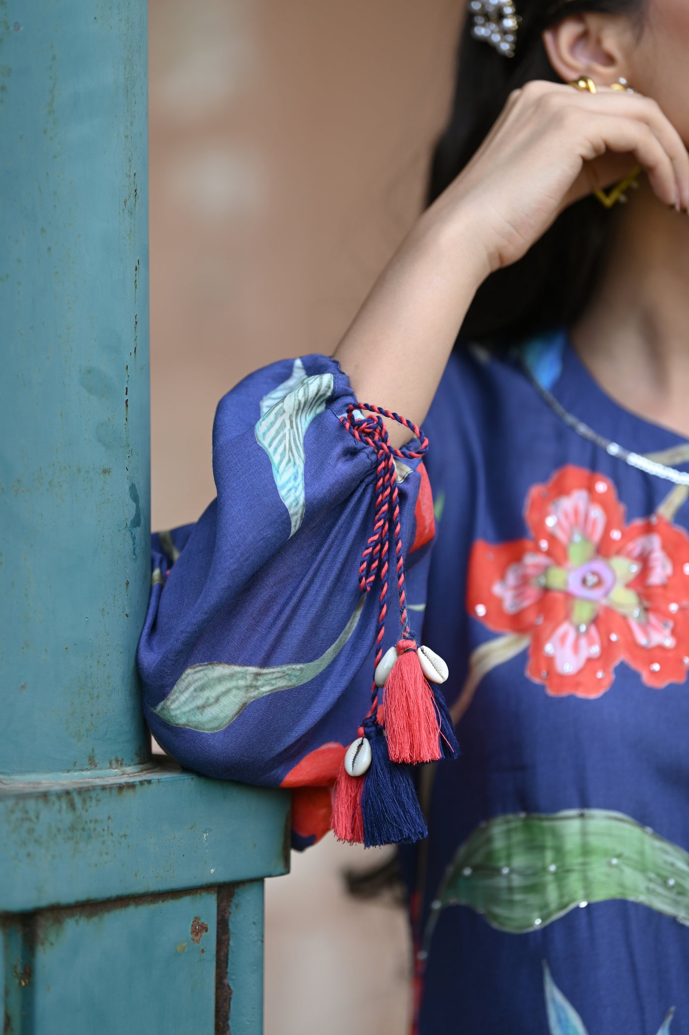 Blue and Red Muslin Fiore Kurta Set