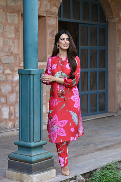 Red and Pink Muslin Fiore Kurta Set