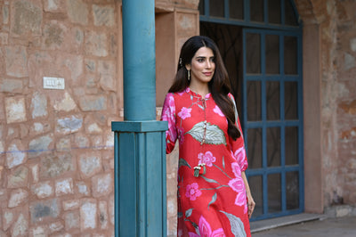 Red and Pink Muslin Fiore Kurta Set