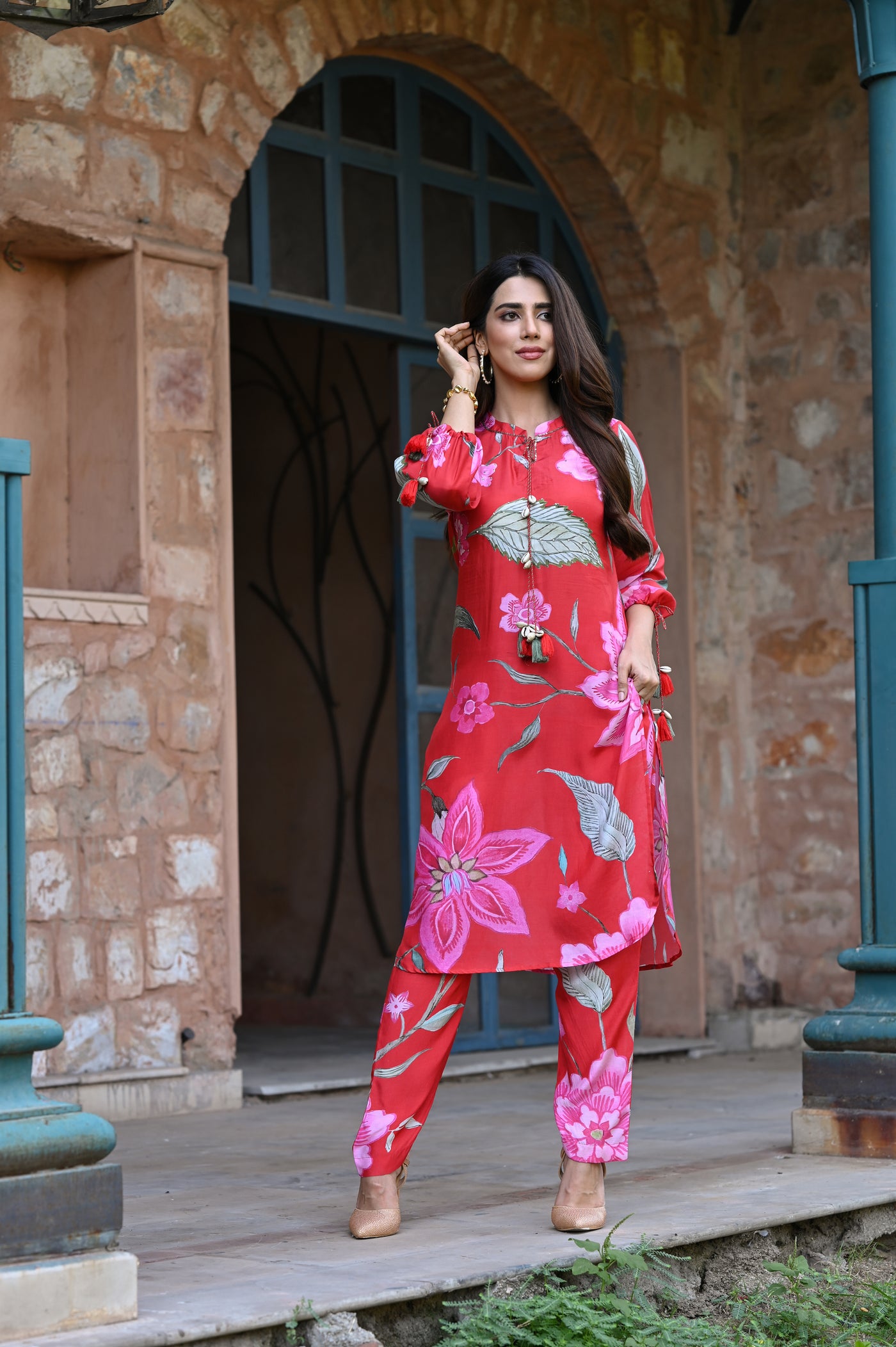 Red and Pink Muslin Fiore Kurta Set