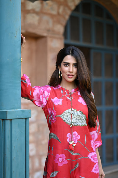 Red and Pink Muslin Fiore Kurta Set