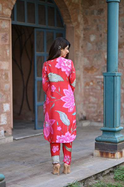 Red and Pink Muslin Fiore Kurta Set