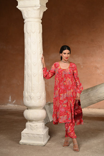 Crimson Red Pure Crepe Spread Delicate Work Kurta with Overlapping Hem Pants