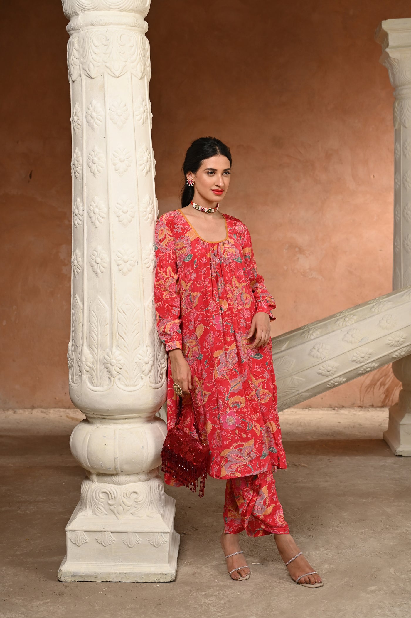 Crimson Red Pure Crepe Spread Delicate Work Kurta with Overlapping Hem Pants