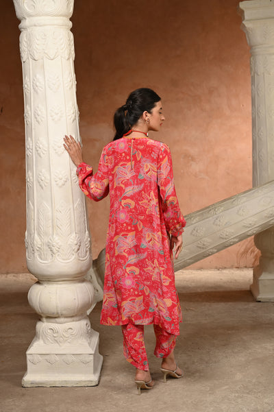 Crimson Red Pure Crepe Spread Delicate Work Kurta with Overlapping Hem Pants