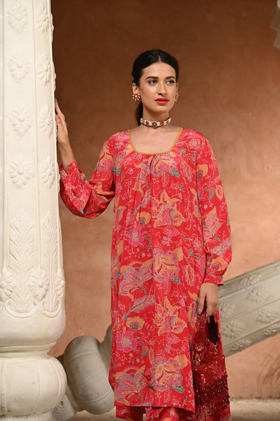 Crimson Red Pure Crepe Spread Delicate Work Kurta with Overlapping Hem Pants