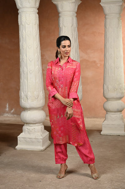 Pink Patch Block Print With Spread Work Kurta and Afghani Pants