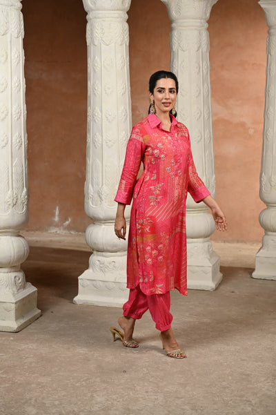 Pink Patch Block Print With Spread Work Kurta and Afghani Pants