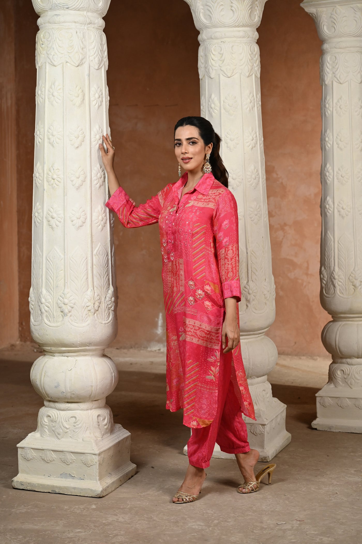 Pink Patch Block Print With Spread Work Kurta and Afghani Pants