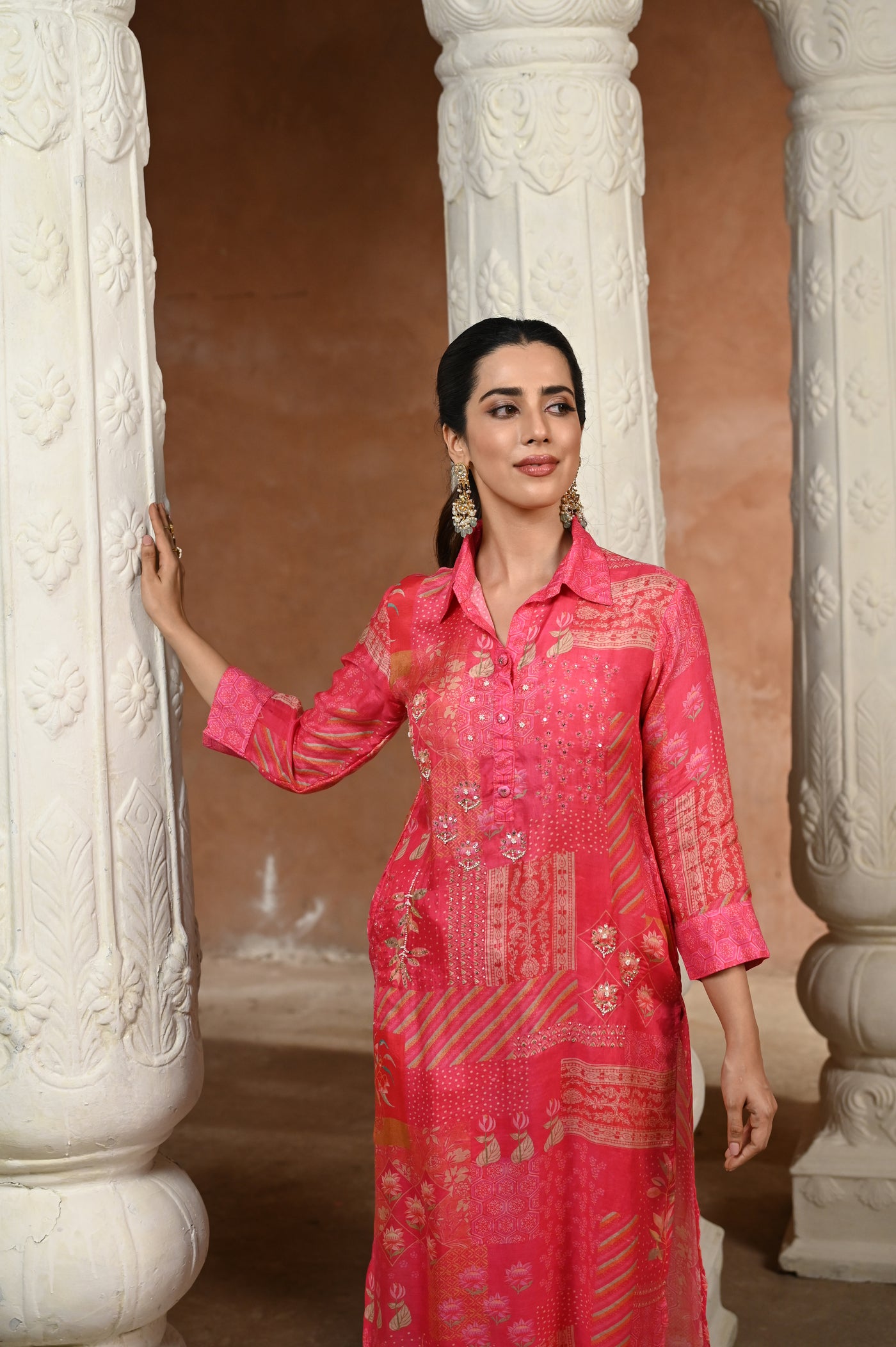 Pink Patch Block Print With Spread Work Kurta and Afghani Pants