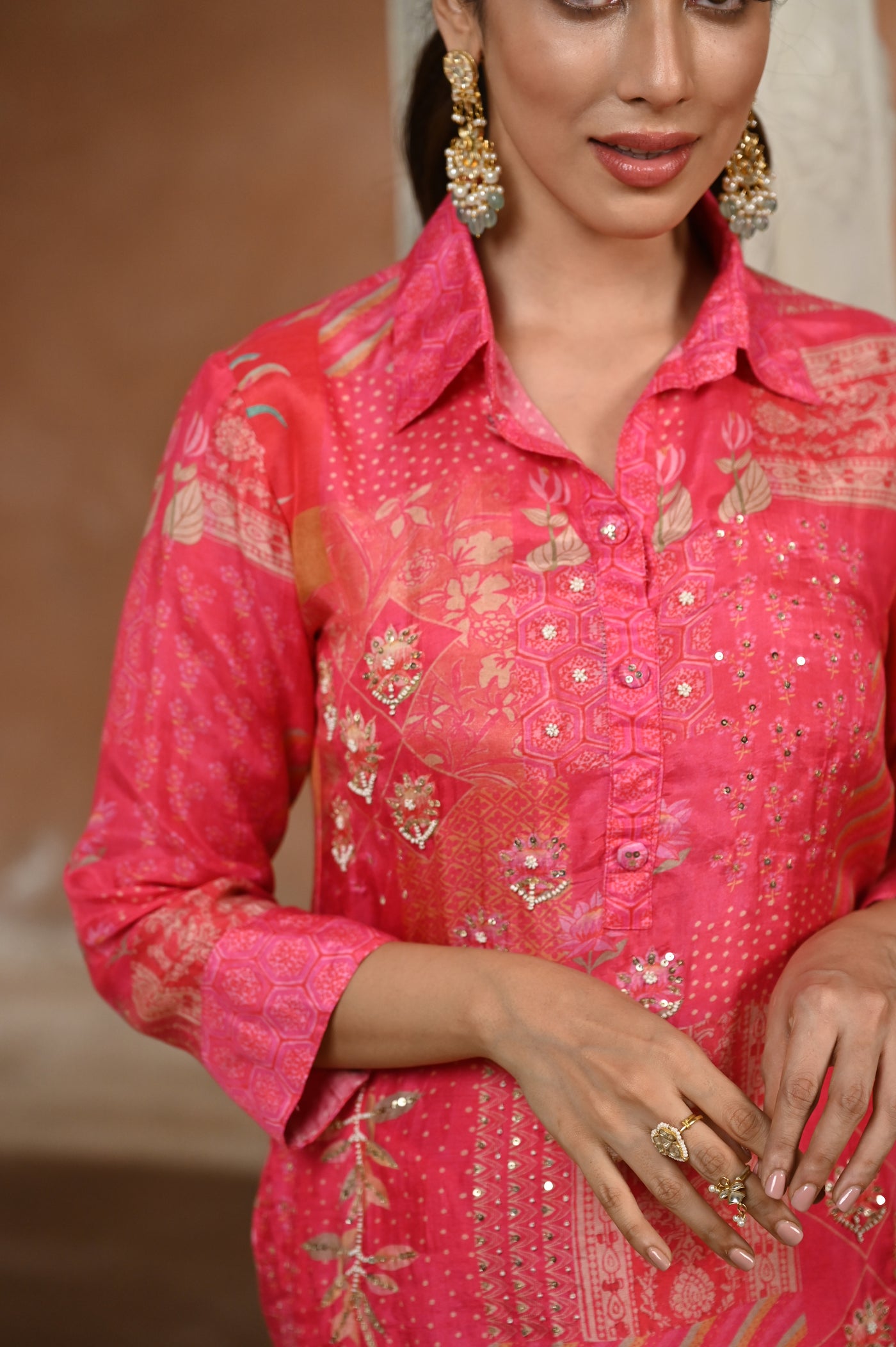 Pink Patch Block Print With Spread Work Kurta and Afghani Pants