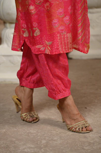 Pink Patch Block Print With Spread Work Kurta and Afghani Pants