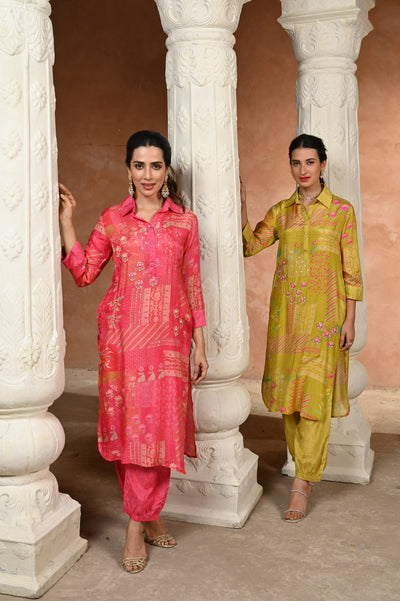 Pink Patch Block Print With Spread Work Kurta and Afghani Pants