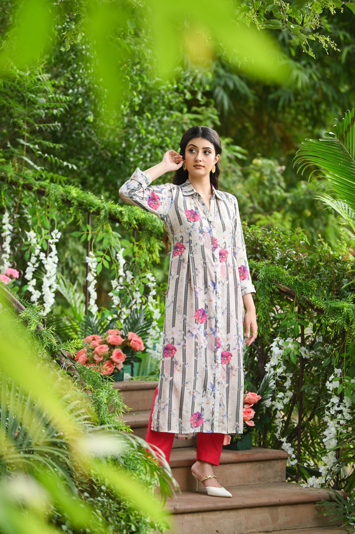 Black and White Striped Floral Print Kurta