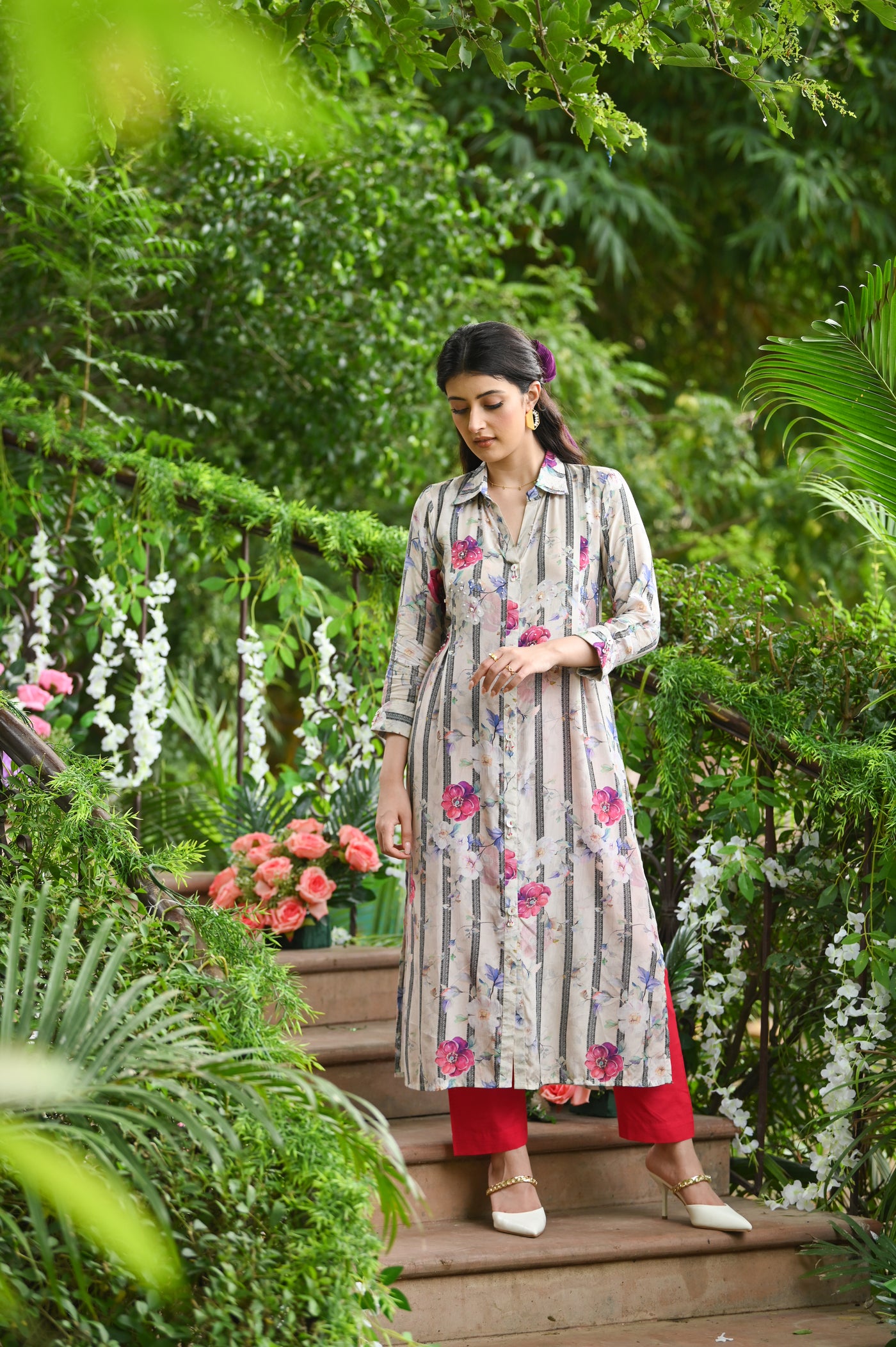 Black and White Striped Floral Print Kurta