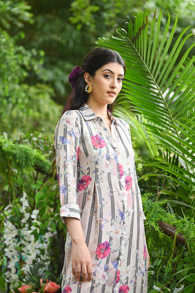 Black and White Striped Floral Print Kurta