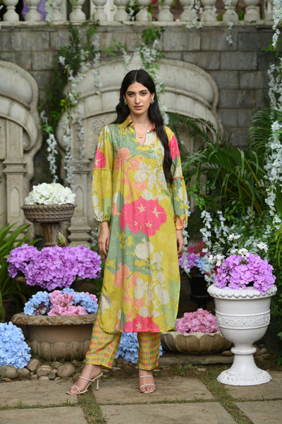 Lime Wild Flower Muslin Kurta Set