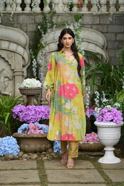 Lime Wild Flower Muslin Kurta Set