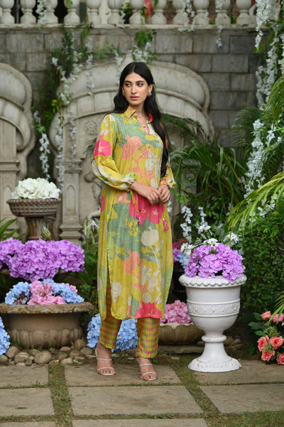 Lime Wild Flower Muslin Kurta Set