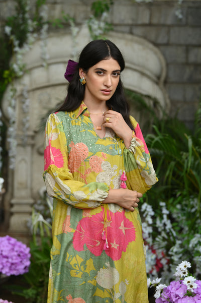 Lime Wild Flower Muslin Kurta Set