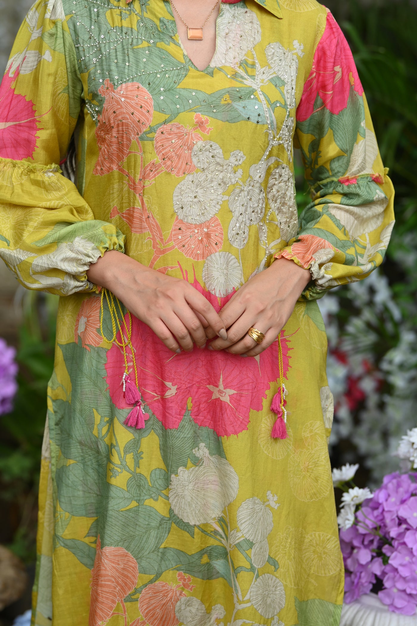 Lime Wild Flower Muslin Kurta Set