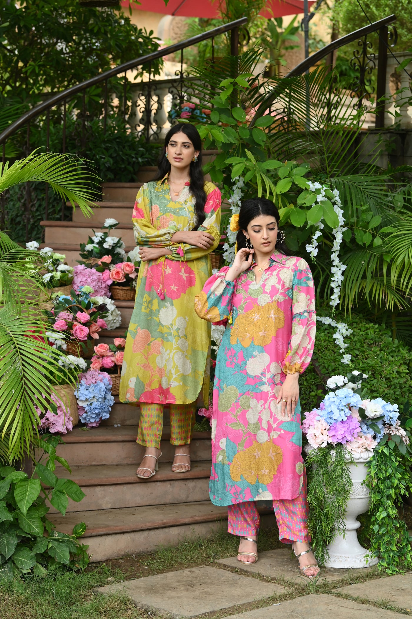 Lime Wild Flower Muslin Kurta Set