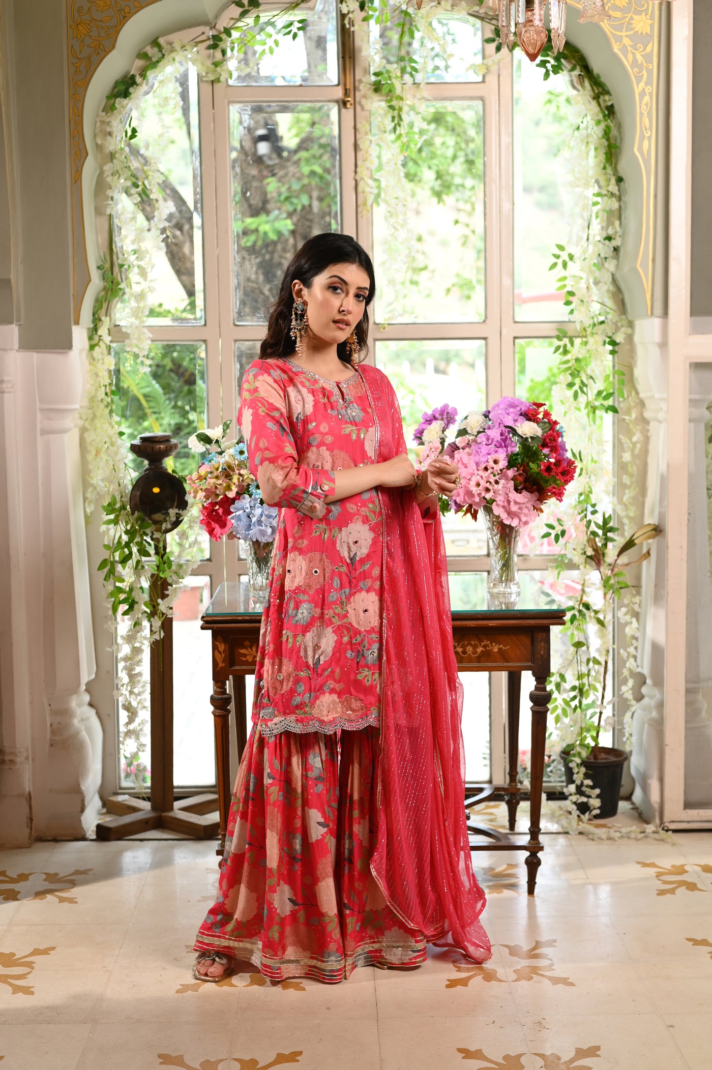 Punch Pink Sharara Set with Spread Work and Scalloped Border (Pink)