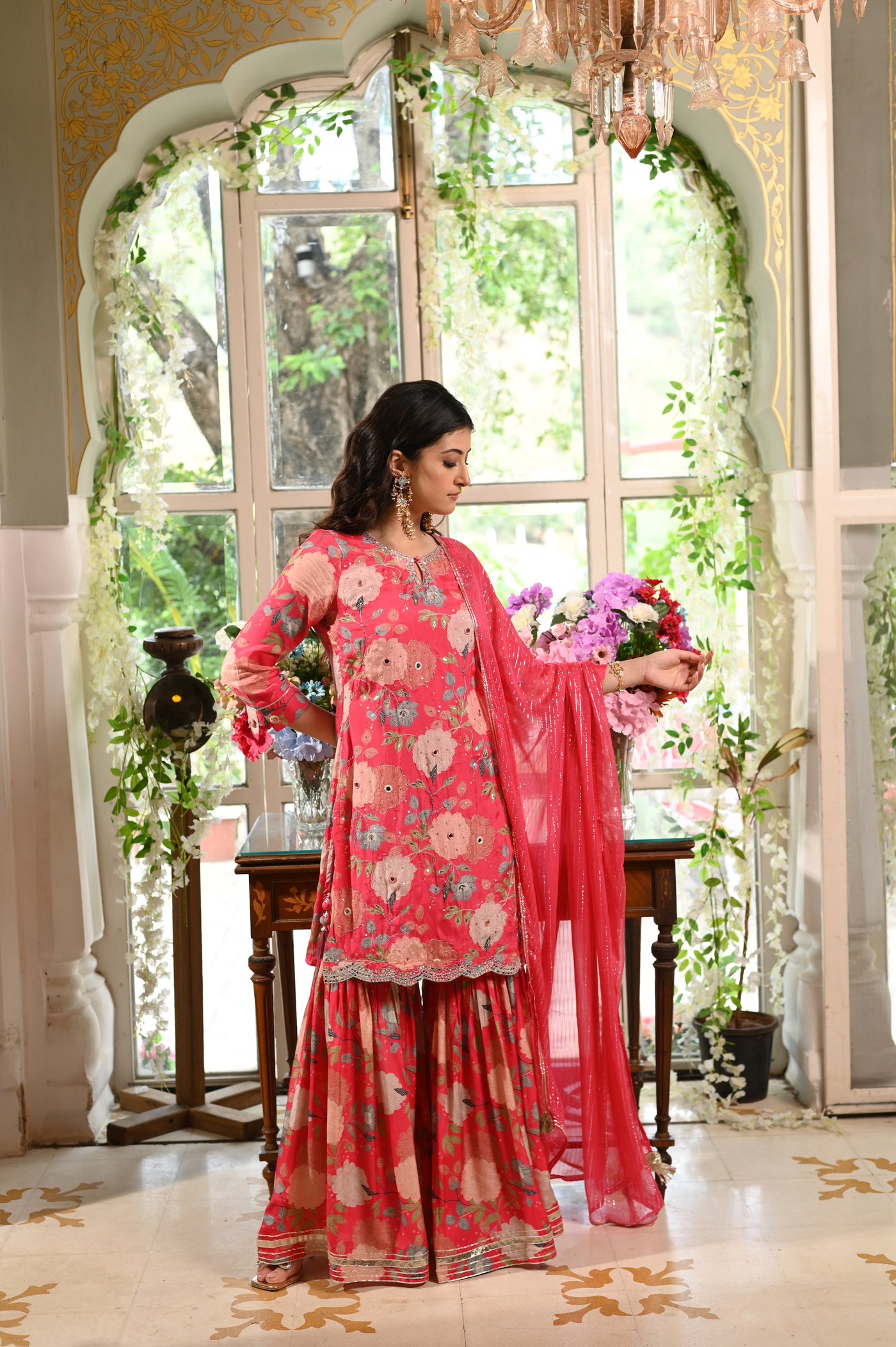 Punch Pink Sharara Set with Spread Work and Scalloped Border (Pink)