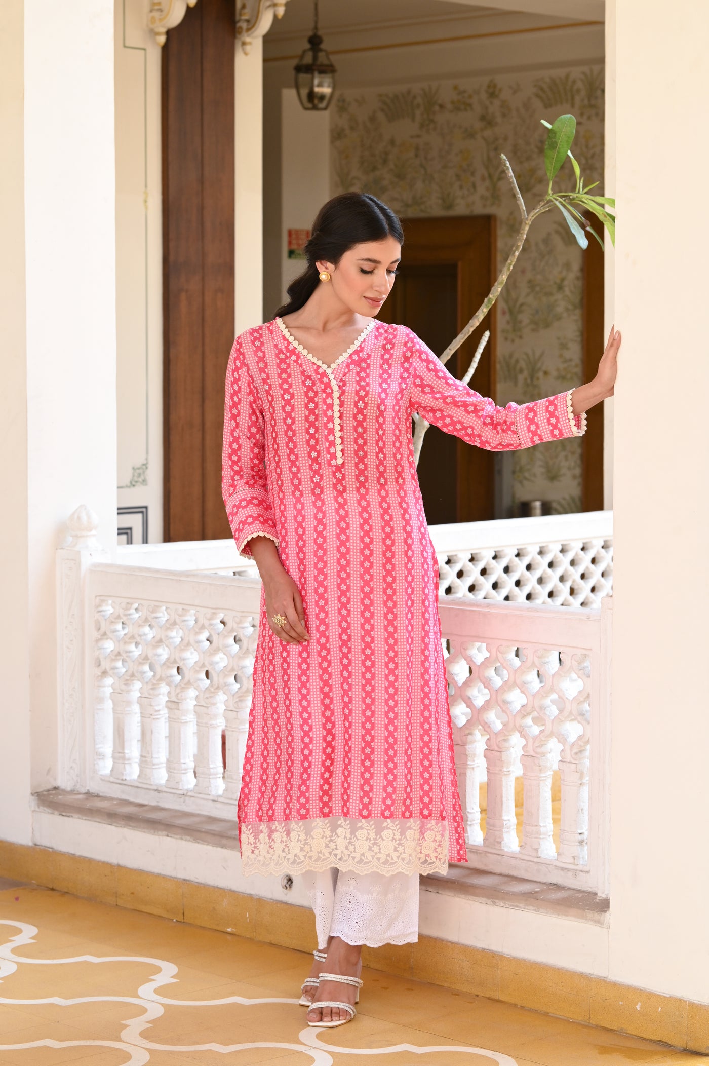 Pink Striped Sequence , Pearl and Lace Kurti with Schiffli pants