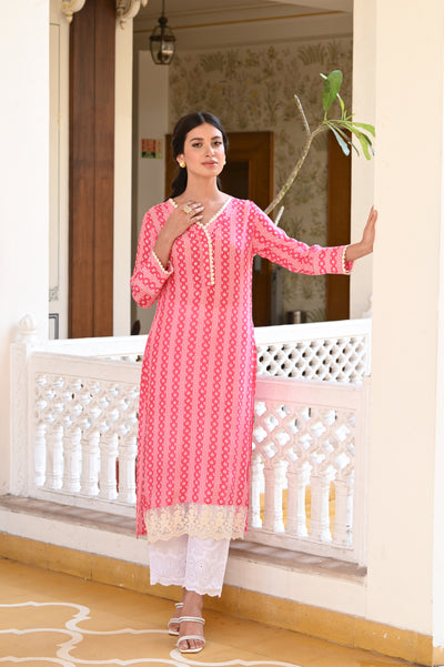 Pink Striped Sequence , Pearl and Lace Kurti with Schiffli pants