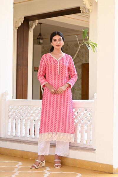 Pink Striped Sequence , Pearl and Lace Kurti with Schiffli pants