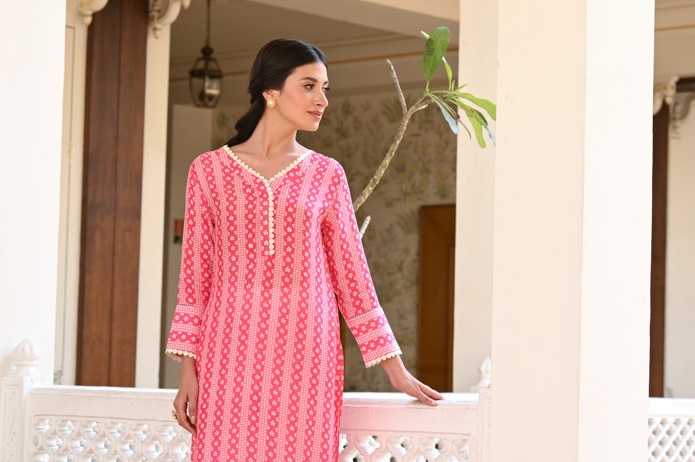 Pink Striped Sequence , Pearl and Lace Kurti with Schiffli pants