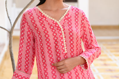 Pink Striped Sequence , Pearl and Lace Kurti with Schiffli pants