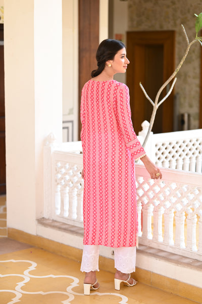 Pink Striped Sequence , Pearl and Lace Kurti with Schiffli pants